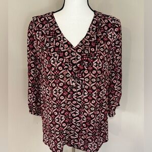 Liz Claiborne V Neck 3/4 Sleeve Floral Print Blouse